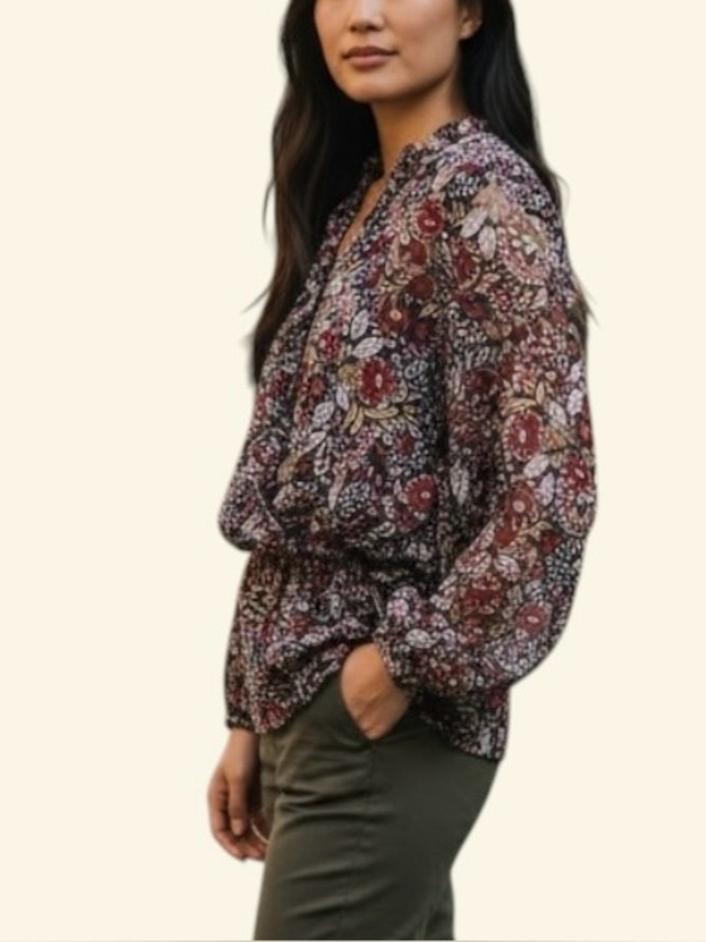 Liz Claiborne Floral Red and Black Ruffle Peplum Wrap Style Blouse Size L 12/14